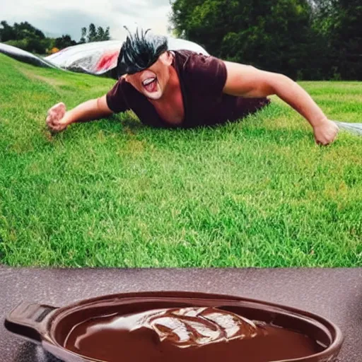 Image similar to person sliding through chocolate pudding head first, slip n slide, professional photo, funny