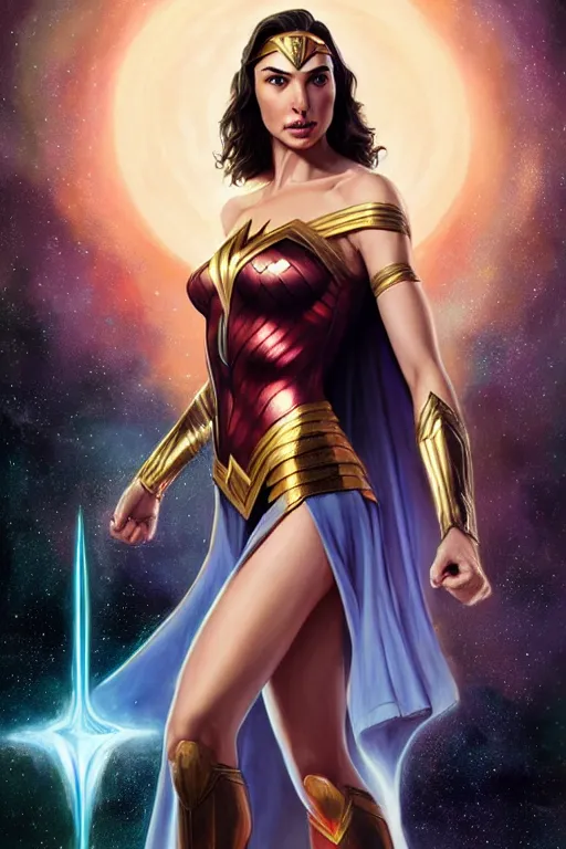 Image similar to Gal Gadot as Queen of the Cosmos, anatomy, only two hands, highly detailed, digital painting, artstation, concept art, smooth, sharp focus, illustration, Unreal Engine 5, 8K, art by art by artgerm and greg rutkowski and edgar maxence