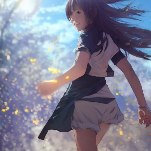 Image similar to a girl is running, smiling, sport clothing, anime style, short hair, hair down, symmetrical facial features, from arknights, hyper realistic, rule of thirds, extreme detail, detailed 4 k drawing, trending pixiv, realistic lighting, by alphonse mucha, greg rutkowski, sharp focus, backlit, high budget show