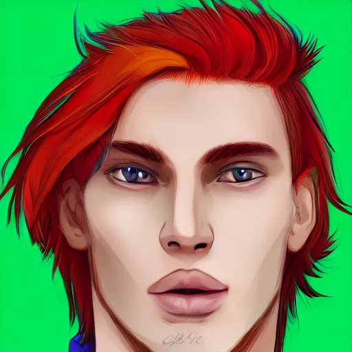 Image similar to digital art of a stylish young man with red hair and green cat - like eyes, popular, famous, attractive, high quality, highly detailed, hd, 4 k, 8 k,