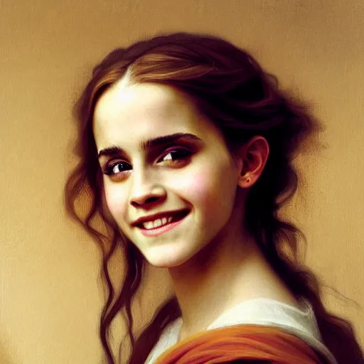 Image similar to Painting of Emma Watson as Hermione Granger. Smiling. Happy. Cheerful. Art by william adolphe bouguereau. During golden hour. Extremely detailed. Beautiful. 4K. Award winning.