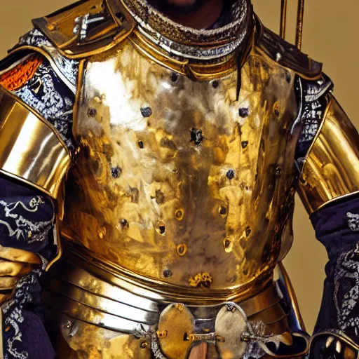 Prompt: man in royal decorated with gold medieval baroque style armor and helmet and golden cross on his chest rennaisance art style high resolution high detail