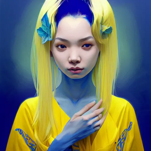 Prompt: symmetry!! portrait of a filipino cute girl blue - yellow hair, nasal strip, intricate, elegant, highly detailed, my rendition, digital painting, artstation, concept art, smooth, sharp focus, illustration, art by artgerm and greg rutkowski and alphonse mucha and uang guangjian and gil elvgren and sachin teng