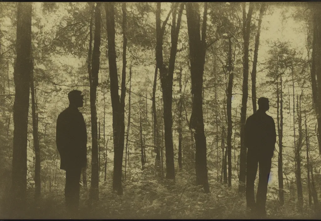 Prompt: vintage polaroid photograph of a silhouette of a man standing in a forest