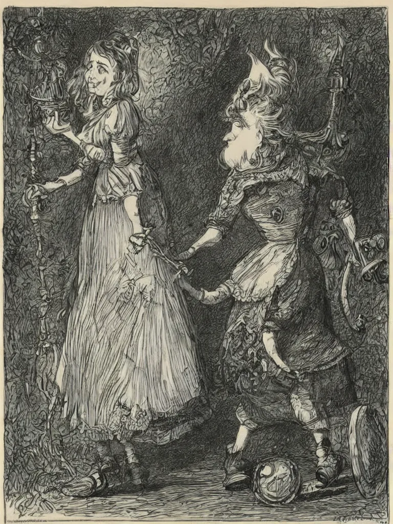 Image similar to Tenniel illustration portrait of Alice, walking in wonderland