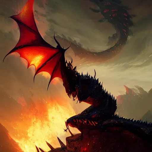 Prompt: the black dragon lies beside the world tree, and the sky is burning, by sung choi, by greg rutkowski.