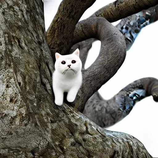 Image similar to photorealistic photo of a British Shorthair cat. climbing a tree. Chasing a squirrel. Long shot. Super realistic.