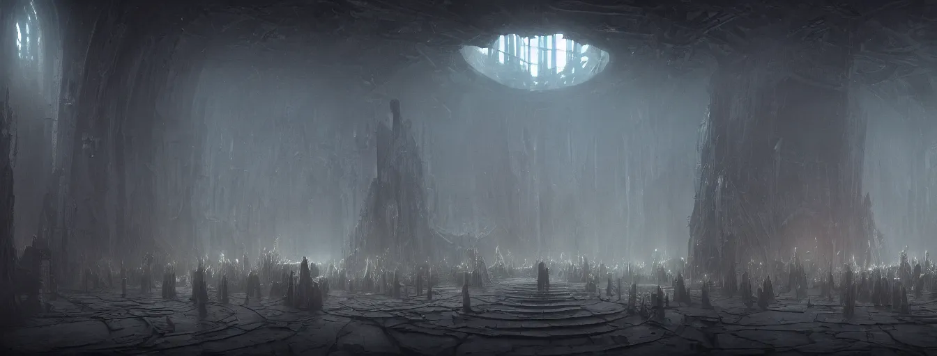 Image similar to dark fantasy biomachanical space ship interior, inside the torture chamber, undead alien guard figures, ethereal, ominous, dramatic cinematic lighting, volumetric 8 k, cryengine, by greg rutkowski, h. r. giger and zdizslaw beksinski, elden ring