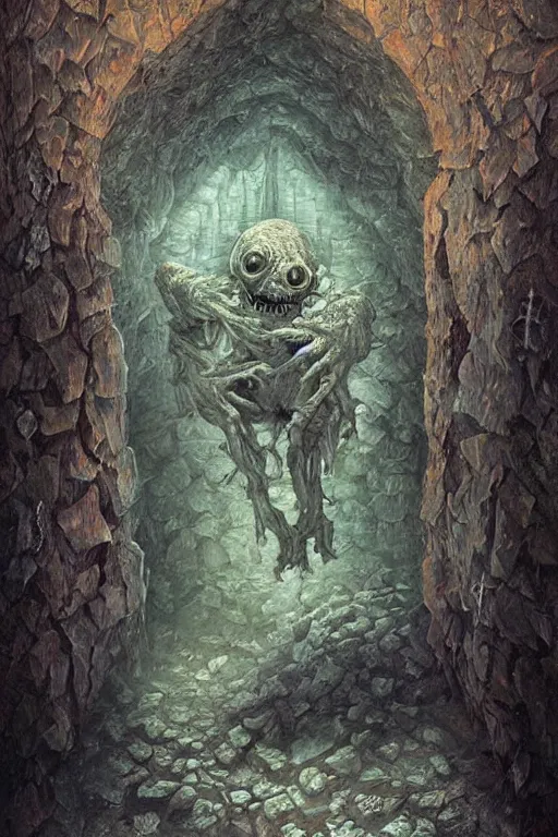 Image similar to a small ghoul creeping around a bedroom. he is laughing maniacally. art by peter mohrbache and tomacz alen kopera.