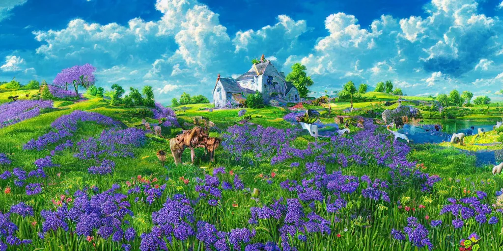 Prompt: Miltonian idyllic azure meadow sunny weather heaven of animals, detailed, intricate, masterpiece, 8k resolution