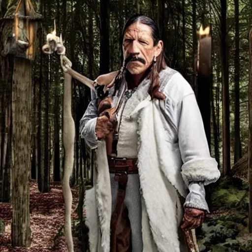 Prompt: danny trejo as snow-white i a magical forest