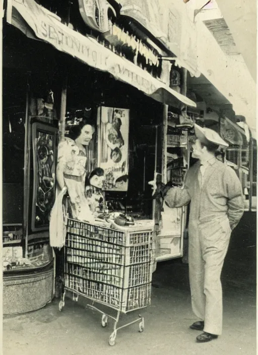 Image similar to a vintage photo of an alien shopping in old Batavia city