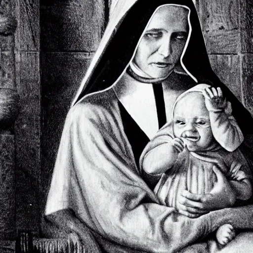 Image similar to a nun sitting in church holding a demonic baby on her lap