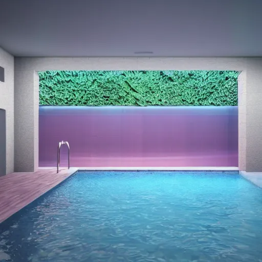 Prompt: liminal basement with pool, underwater, happy, pastel colours, octane render