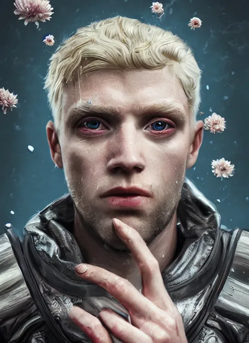 Prompt: An epic fantastic realism comic book style portrait painting of Lucius the most beautiful pale blond man in the universe, flowers rain everywhere, fisheye lens, Apex Legends Concept Art, porcelain, unreal 5, DAZ, hyperrealistic, octane render, cosplay, RPG portrait, dynamic lighting