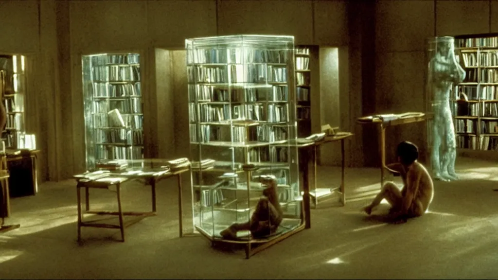 Prompt: the transparent library, film still from the movie directed by denis villeneuve and david cronenberg with art direction by salvador dali and frank frazetta