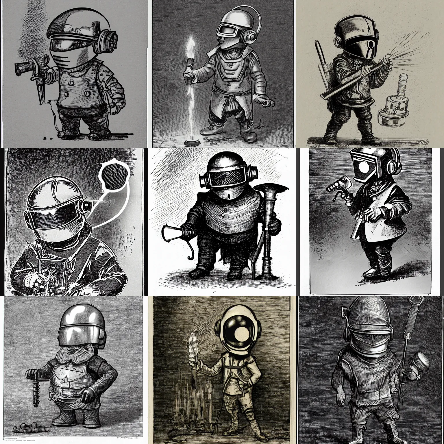 Prompt: sketch of a funny chibi dnd gnome inventor tinkerer wearing a daft punk helmet, a wrench and a blowtorch, etching by louis le breton, 1 8 6 9, 1 2 0 0 dpi scan