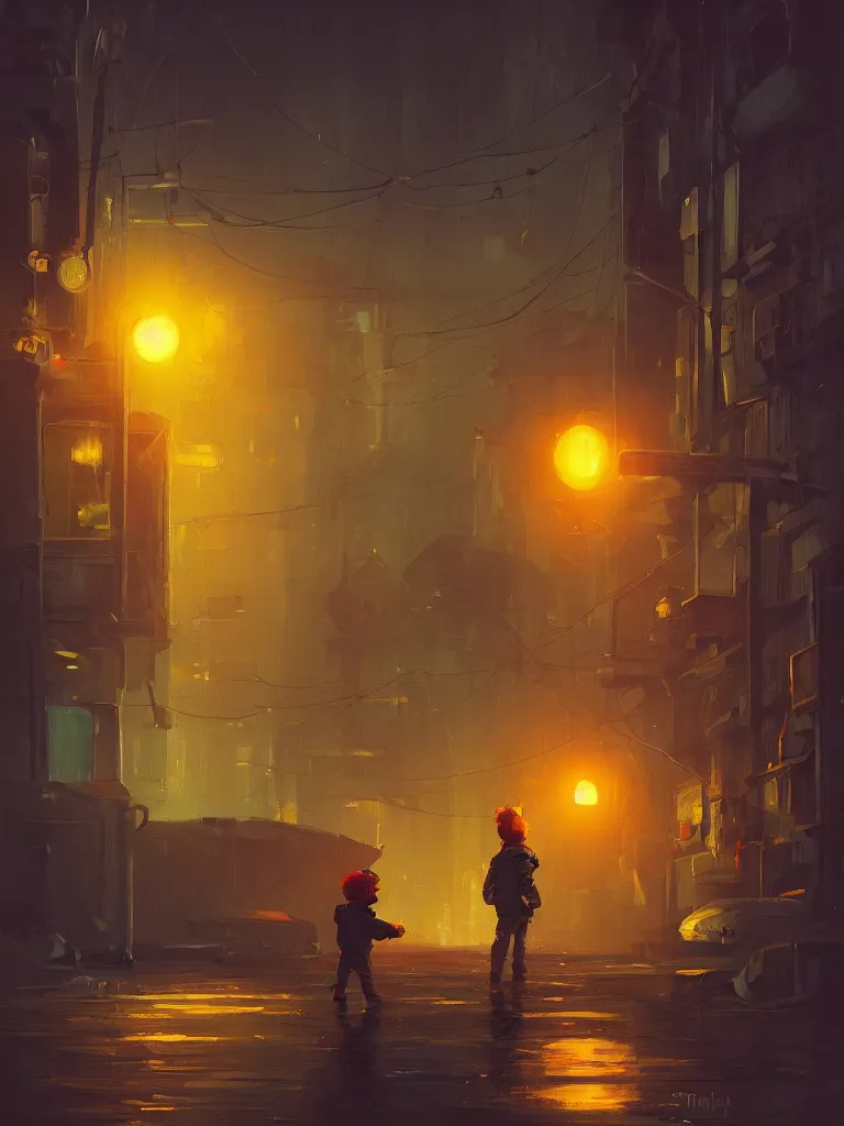 Image similar to a single little boy, two oranges and a white rabbit in a dark alley city with neonlights by night a painting from stalenhag, 4 k, 8 k, hdr, artstation, concept art