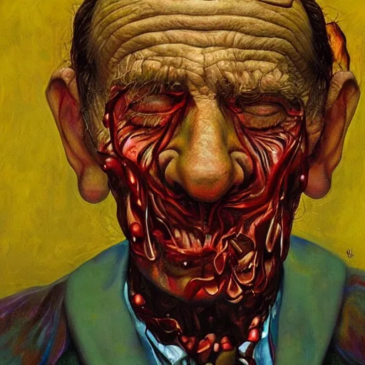 Image similar to macabre magic realism portrait of dying, old man sitting in chair and melting into unreal colors : : oil painting by ivan albright