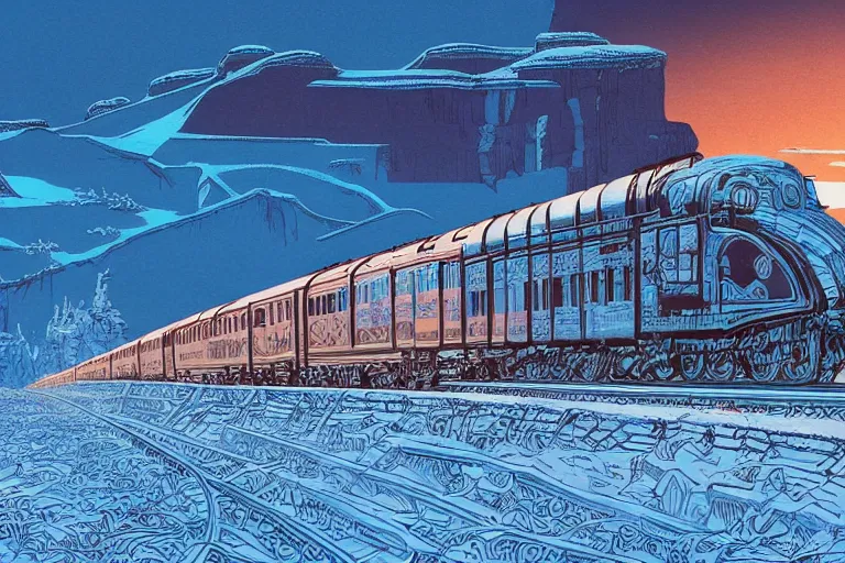 Image similar to trans - siberian express train illustration by joe fenton and syd mead and p. craig russell and barry windsor - smith, artstation, 4 k, graphic novel, concept art, matte painting, beautiful russian winter landscape sunset background, golden hour, art nouveau