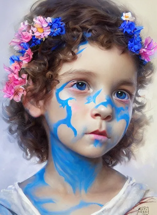 Prompt: a little girl with short curly brown hair and blue eyes with her face painted. face painting of flowers. beautiful highly detailed face. painting by artgerm and greg rutkowski and raymond swanland.