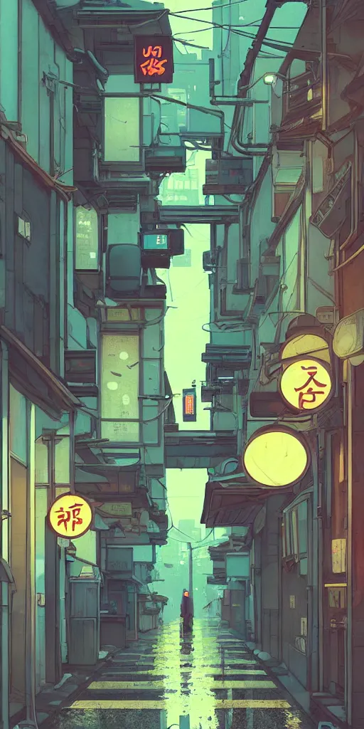 Image similar to tokyo alleyway, rainy day, arcade, by cory loftis, makoto shinkai, hasui kawase, james gilleard, beautiful, serene, peaceful, lonely, golden curve composition