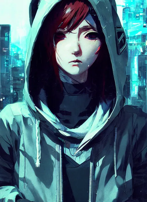 Image similar to cyberpunk anime girl in hoodie, grafity, neonpunk, alita, arcane, fortiche, action, tokyo street, detail, good face, pose model, concept art, in style of yoji shinkawa, pan ren wei, col price, atey ghailan, by greg rutkowski, aesthetic