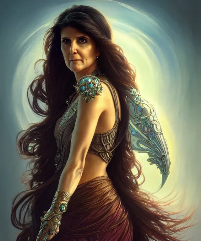 Prompt: Nikki Haley as a fantasy magic woman portrait, sci-fi, amber eyes, face, long hair, fantasy, intricate, elegant, highly detailed, digital painting, artstation, concept art, smooth, sharp focus, illustration, art by artgerm and greg rutkowski and alphonse mucha