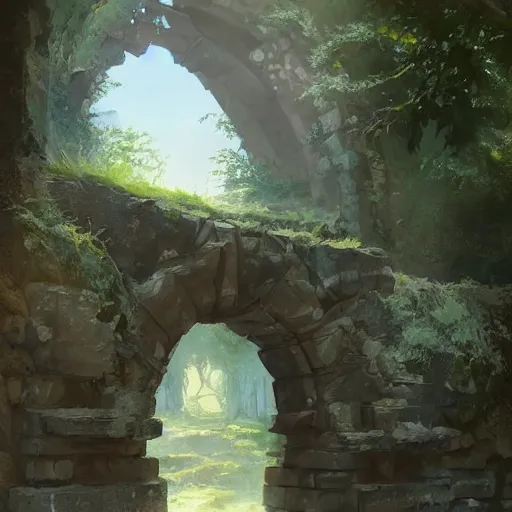 Image similar to concept art painting of an ornate ancient stone archway, in the woods, realistic, detailed, cel shaded, in the style of makoto shinkai and greg rutkowski and james gurney