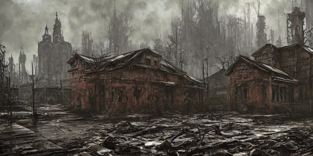 Prompt: A building made out of flesh as concept art for Metro Exodus, raining blood, flesh buildings, buildings made from meat, oil painting, painting by Viktor Vasnetsov, concept art, dark cityscape, horror architecture, painting by Ivan Shishkin and Alphonse Mucha, hyperborea, high resolution, trending on artstation,