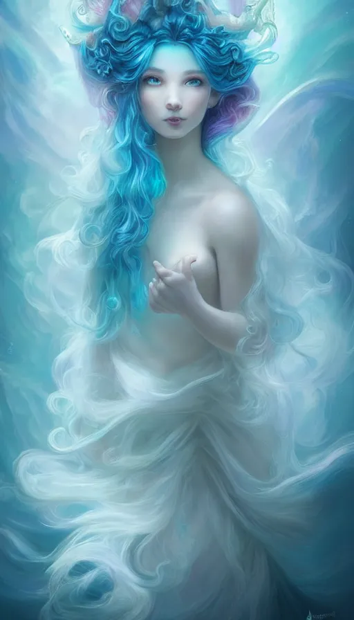 Prompt: portrait of magical ghost triton, ethereal , cloudy, transparant, gradient white cyan, dreamy and ethereal, (colour) eyes, peaceful expression, ornate frilly dress, fantasy, intricate, elegant, rainbow bubbles, highly detailed, digital painting, artstation, concept art, smooth,b sharp focus, illustration, art by artgerm and greg rutkowski and alphonse mucha