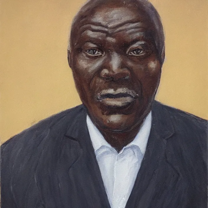 Image similar to a painting of a fatherly, aquiline nose, wide forehead, round face, XXL , loving, caring, generous, ever-present, humble, wise elder from Kenya with a friendly expression in a suit by Lynette Yiadom-Boakye . Fatherly/daddy, focused, loving, leader, relaxed,. ethereal lights, details, smooth, sharp focus, illustration, realistic, cinematic, artstation, award winning, rgb , unreal engine, octane render, cinematic light, macro, depth of field, blur, red light and clouds from the back, highly detailed epic cinematic concept art CG render made in Maya, Blender and Photoshop, octane render, excellent composition, dynamic dramatic cinematic lighting, aesthetic, very inspirational, arthouse.