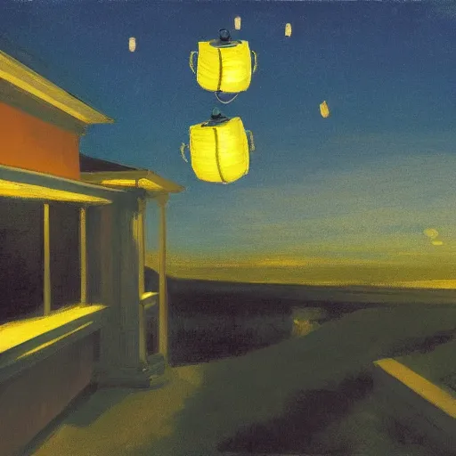 Image similar to beautiful lit lanterns flying in the night sky, edward hopper art style, 4 k