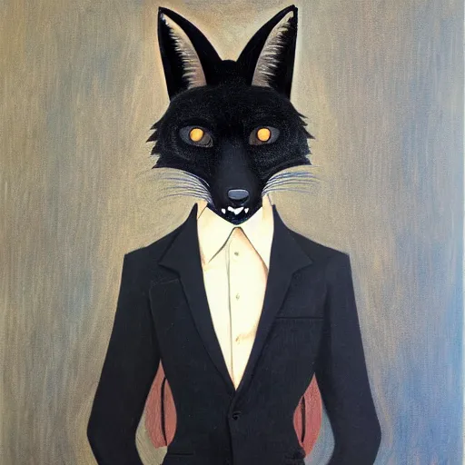 Image similar to portrait of a male anthro anthropomorphic black fox furry fursona with hands on eyes, wearing a suit, 1 9 7 0 s oil on canvas painting, by famous artist jylon denja