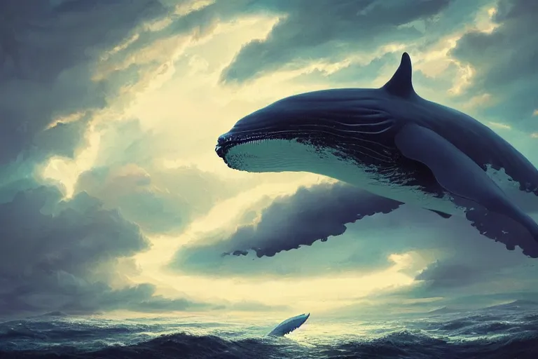 Image similar to whale flying through clouds, cinematic lighting, bioluminescent, dan mumford, greg rutkowski, octane render, artstation, concept art, fantasy