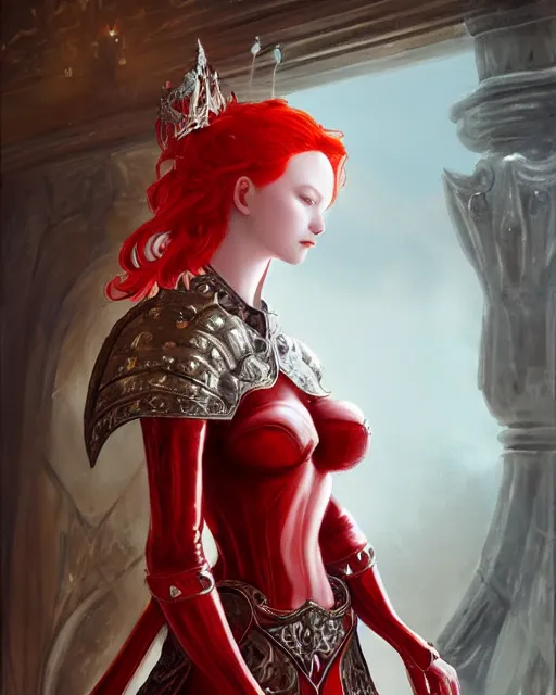 Image similar to redhead queen knight in red armor, inside grand hall in castle with rococo aesthetic, beautiful face, intimidating, high fantasy, intricate detail, digital painting, artstation, concept art, smooth, sharp focus, illustration, art by yoshitaka amano and monia merlo and wlop, masterpiece.