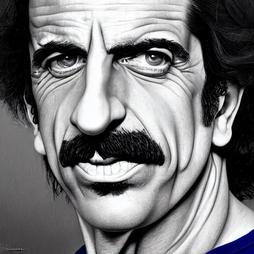 Image similar to Caricature portraits done of Frank Zappa, realistic, hyperrealistic, very realistic, highly detailed, very detailed, extremely detailed, detailed, oil painting, digital art, trending on artstation