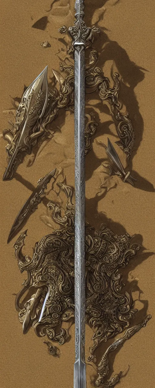 Prompt: sword of justice laying in the sand, ornate gem in golden pommel, engraved blade, serrated point, herringbone floor, low angle, greg rukowski, boris vallejo, highly detailed, intricate, focus, smooth, cinematic