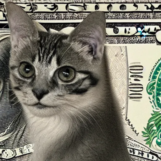 Prompt: a tortie cat on a $50 bill