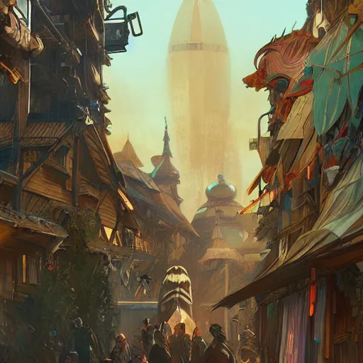 Image similar to Tlingit Maori solarpunk post-apocalyptic city street scene by Greg Rutkowski, Alphonse Mucha, Anato Finnstark, and Studio Ghibli