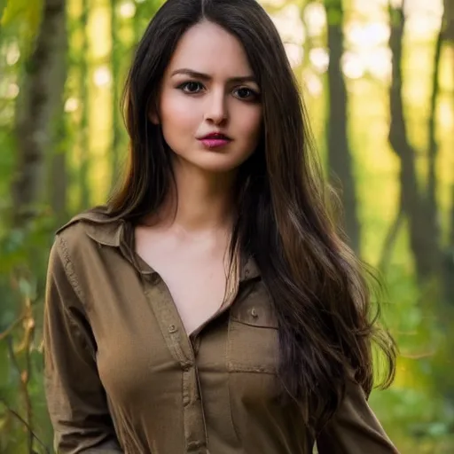 Image similar to real life photo of a hot beautiful girl, full body photoshoot, long brown hair, brown eyes, full round face, short smile, belly free, long sleeved belly free brown shirt, forest setting, cinematic lightning, medium shot, mid - shot, highly detailed, trending on artstation, unreal engine 4 k, 8 0 mm, 8 5 mm, cinematic wallpaper