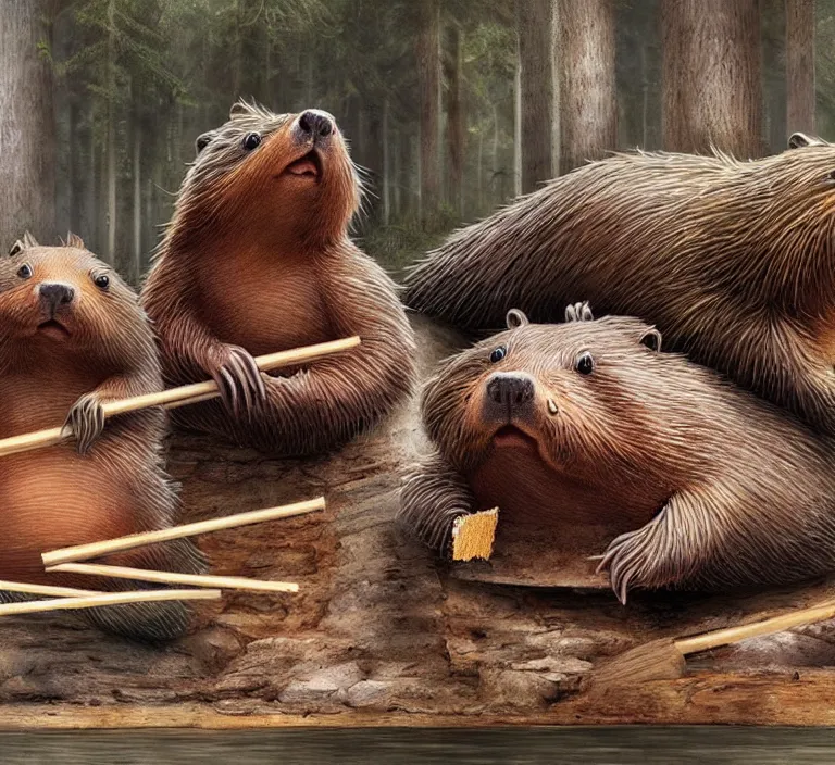 Image similar to photography hyperrealism concept art of anthropomorphic beavers builders that building city with sticks