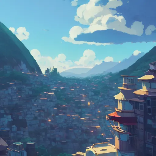 Image similar to a mountain city with lot's of clouds, detailed, cory loftis, james gilleard, atey ghailan, makoto shinkai, goro fujita, studio ghibli, rim light, exquisite lighting, clear focus, very coherent, plain background