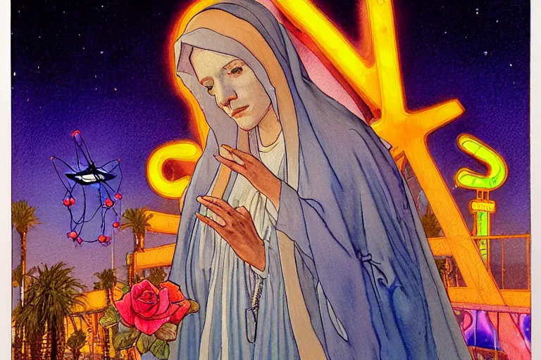 Image similar to a hyperrealist watercolour character concept art portrait of the blessed mother mary on well lit night in las vegas, nevada. there is a ufo. neon roses. by rebecca guay, michael kaluta, charles vess and jean moebius giraud