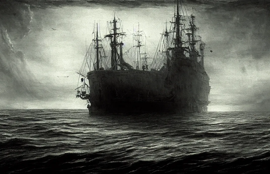 Image similar to excellent gesture and form ship ever further out to sea intact flawless ambrotype from 4 k criterion collection remastered cinematography gory horror film, ominous lighting, evil theme wow photo realistic postprocessing render by christopher soukup fusing a dream world of imagination with closely observed reality photograph by ansel adams painting by victor vasnetsov