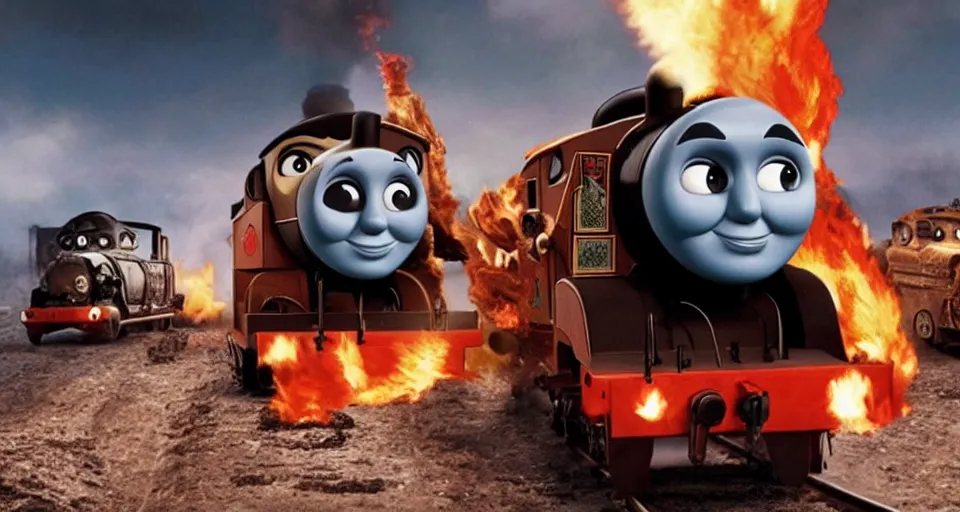 Image similar to Thomas the Tank Engine with fire in MAD MAX: FURY ROAD