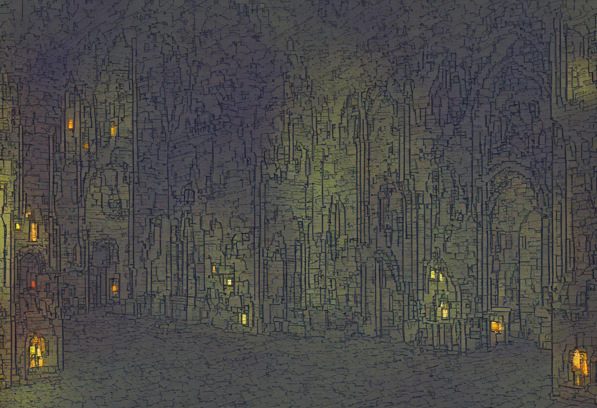 Prompt: inside a castle, night time, 16bits, pixel art, degradation filter, compression, low saturation, crushed colors , chromatic aberration, 2D, flat