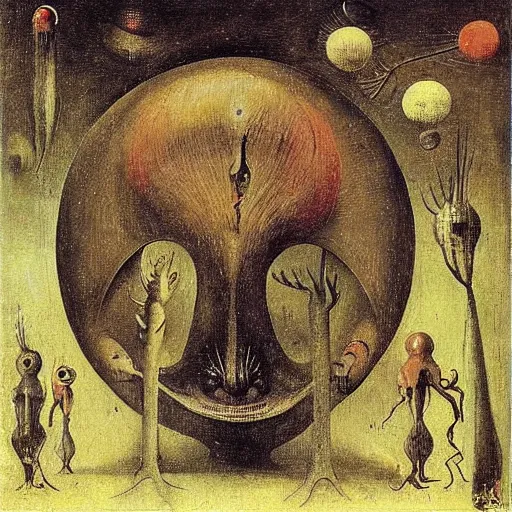 Image similar to An oil painting of a strange alien creature by Max Ernst and Hieronymus Bosch