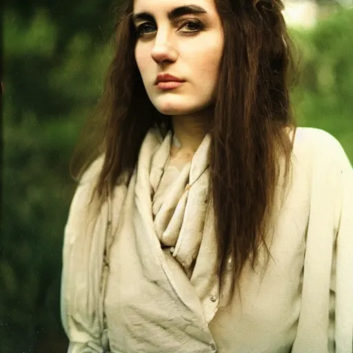 Prompt: photo of an atractive cool alternative bosnian woman in her early 20s. beautiful face. She has dark brown hair, dark thick eyebrows, brown eyes and shoulder long hair. kodachrome.