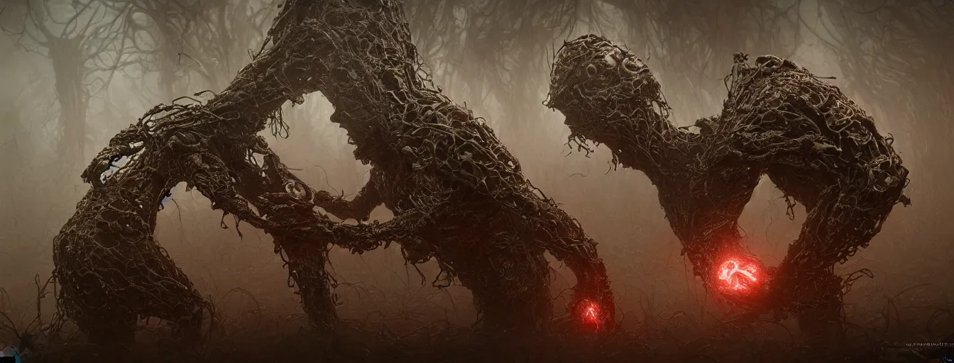 Image similar to hive mind entwined bodies, scorn themed dark sf biomechanical, intricate artwork masterpiece, ominous, dramatic horror cinematic lighting, volumetric 8 k, elden ring, by zdizslaw beksinski, karol bak, brian froud, trending on cgsociety, octane render, 8 k